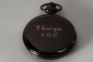 Personalized Pocket Watch Custom Engraved Gloss Black Quartz Pocket Watch with White Dial - Hand Engraved