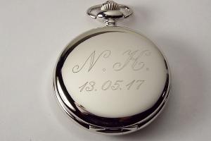 Custom Engraved Personalized Silvertone Quartz Pocket Watch Battery Operated White Dial Roman Numerals - Hand Engraved