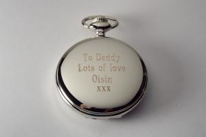 Custom Engraved Personalized Silvertone Quartz Pocket Watch Battery Operated White Dial Roman Numerals - Hand Engraved