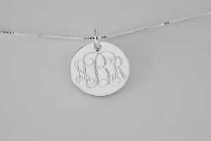 Monogram Necklace Custom Engraved Sterling Silver 1 Inch Round Personalized - Hand Engraved
