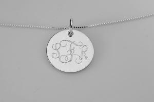 Monogram Necklace Custom Engraved Sterling Silver 1 Inch Round Personalized - Hand Engraved