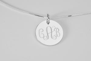 Monogram Necklace Custom Engraved Sterling Silver 1 Inch Round Personalized - Hand Engraved