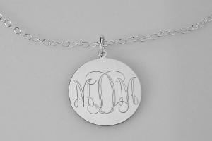 Monogram Jewelry Personalized Custom Engraved Sterling Silver 1 Inch Round Monogram Necklace - Hand Engraved