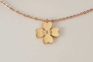 Personalized Four Leaf Clover Necklace Rose Gold Over Stainless Steel Custom Engraved  - Hand Engraved