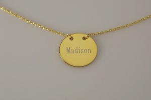 Monogram Necklace 14K Yellow Gold Plated Custom Engraved Personalized 7/8 Inch Round Disc with Adjustable Length Chain - Hand Engraved