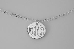 Engraved Monogram Jewelry Personalized Sterling Silver Round Monogram Necklace Small - Hand Engraved
