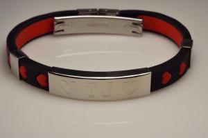 Personalized Jewelry Custom Engraved Black Silicone With Red Hearts Rubber and Stainless Steel ID Bracelet 8 Inch Length - Hand Engraved
