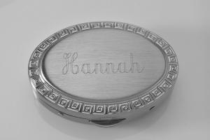 Custom Engraved Pill Box Personalized Silver Oval with Greek Key Design Mirror and Removable Divider -Hand Engraved