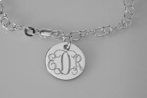 Custom Engraved Monogram or Initial Bracelet Personalized Sterling Silver Petite Round Disc 7 Inch Length - Hand Engraved