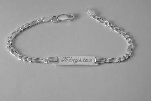 Custom Engraved Sterling Silver Childs ID Bracelet with Figaro Style Chain 5.5 Inch Length - Hand Engraved