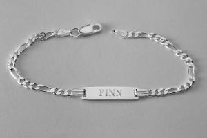 Custom Engraved Sterling Silver Childs ID Bracelet with Figaro Style Chain 5.5 Inch Length - Hand Engraved