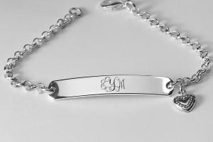 Custom Engraved Personalized Silver Plated ID Bracelet with Heart Charm - Hand Engraved