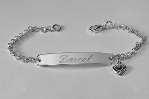 Custom Engraved Personalized Silver Plated ID Bracelet with Heart Charm  - Hand Engraved