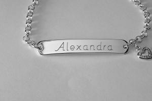 Custom Engraved Personalized Silver Plated ID Bracelet with Heart Charm  - Hand Engraved