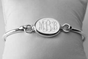 Monogram Bracelet Personalized Custom Engraved Sterling Silver Oval Monogram Bangle - Hand Engraved