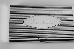Custom Engraved Business Card Case Silver Ribbed Design with Personalized Oval Center -Hand Engraved