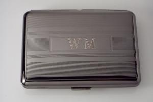 Engraved Gloss Black Business Card Case Personalized Double Sided Linear Design or Kings Cigarette Case -Hand Engraved