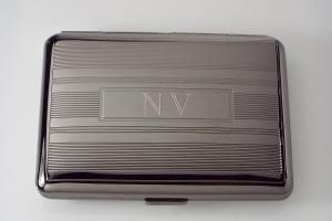 Engraved Gloss Black Business Card Case Personalized Double Sided Linear Design or Kings Cigarette Case -Hand Engraved
