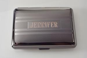 Engraved Gloss Black Business Card Case Personalized Double Sided Linear Design or Kings Cigarette Case -Hand Engraved
