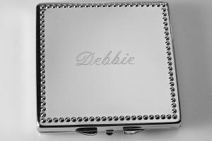 Engraved Compact Mirror Square Personalized Non Tarnish Nickel Plated with Bead Trim Purse Mirror  - Hand Engraved