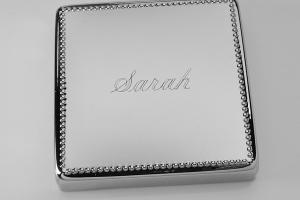 Custom Engraved Personalized Silver Square Jewelry Box with Beaded Trim - Hand Engraved