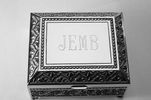 Custom Engraved Jewelry Box Personalized Silver Nickel Plated Floral Motif Footed Trinket Box - Hand Engraved