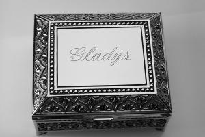 Custom Engraved Personalized Jewelry Box Small Silver Non Tarnish Nickel Plated Floral Motif Footed Trinket Box - Hand Engraved