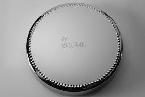 Custom Engraved Personalized Silver Round Jewelry Box with Beaded Trim - Hand Engraved