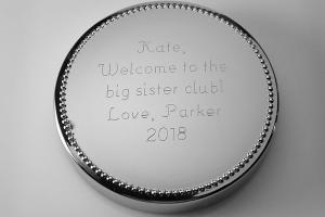 Custom Engraved Personalized Silver Round Jewelry Box with Beaded Trim - Hand Engraved