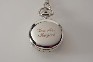Personalized Pendant Watch Custom Engraved Necklace Watch White Enamel and Crystals - Hand Engraved