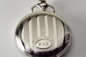 Pocket Watch Custom Engraved Personalized Quartz Watch with Vertical Stripes and Oval Crest - Hand Engraved