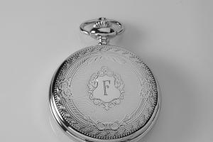 Engraved Pocket Watch Silver Crest Cover Personalized Quartz Battery Operated - Hand Engraved