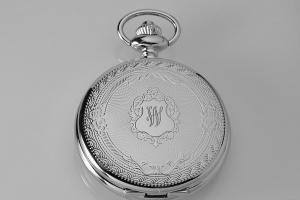 Engraved Pocket Watch Silver Crest Cover Personalized Quartz Battery Operated  - Hand Engraved