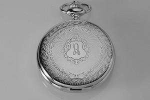 Engraved Pocket Watch Silver Crest Cover Personalized Quartz Battery Operated  - Hand Engraved