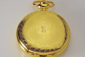 Pocket Watch Custom Engraved Gold Tone Mechanical Wind Up Pocket Watch with Front Shield and Skeleton Back - Hand Engraved