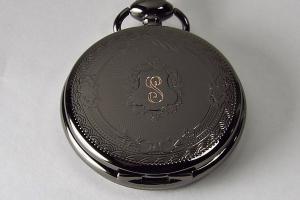 Pocket Watch Custom Engraved Black Mechanical Wind Up Pocket Watch with Front Shield and Skeleton Back - Hand Engraved