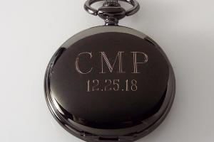 Pocket Watch Custom Engraved Personalized Gloss Black Mechanical Wind Up Watch with Skeleton Dial - Hand Engraved