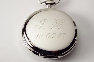 Custom Engraved Personalized Silvertone Quartz Pocket Watch Battery Operated White Dial Roman Numerals - Hand Engraved