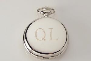 Custom Engraved Personalized Silvertone Quartz Pocket Watch Battery Operated White Dial Roman Numerals - Hand Engraved