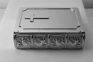 Personalized Jewelry Box Custom Engraved Silver Nickel Plated Book Trinket Box with Cross- Hand Engraved