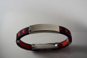 Personalized Jewelry Custom Engraved Black Silicone With Red Hearts Rubber and Stainless Steel ID Bracelet 8 Inch Length  - Hand Engraved