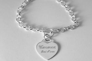 Personalized Bracelet Custom Engraved Sterling Silver Heart Charm Bracelet - Hand Engraved