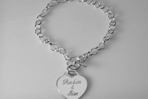 Personalized Bracelet Custom Engraved Sterling Silver Heart Charm Bracelet - Hand Engraved