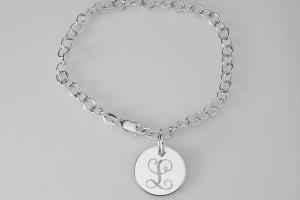 Custom Engraved Monogram or Initial Bracelet Personalized Sterling Silver Petite Round Disc 7 Inch Length - Hand Engraved