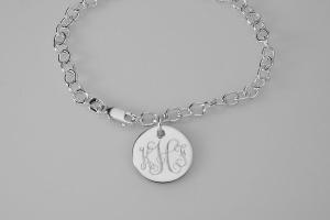 Custom Engraved Monogram or Initial Bracelet Personalized Sterling Silver Petite Round Disc 7 Inch Length - Hand Engraved
