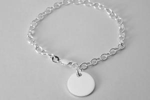 Custom Engraved Monogram or Initial Bracelet Personalized Sterling Silver Petite Round Disc 7 Inch Length - Hand Engraved