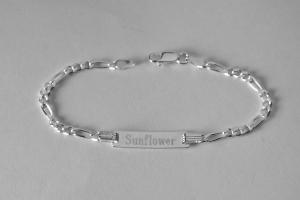 Custom Engraved Sterling Silver Childs ID Bracelet with Figaro Style Chain 6 Inch Length - Hand Engraved