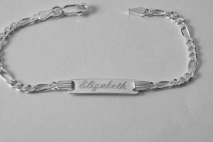 Custom Engraved Sterling Silver Childs ID Bracelet with Figaro Style Chain 6 Inch Length - Hand Engraved