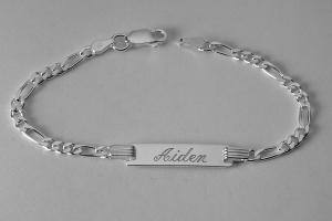 Custom Engraved Sterling Silver Childs ID Bracelet with Figaro Style Chain 5.5 Inch Length - Hand Engraved