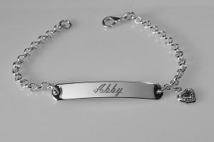 Custom Engraved Personalized Silver Plated ID Bracelet with Heart Charm  - Hand Engraved